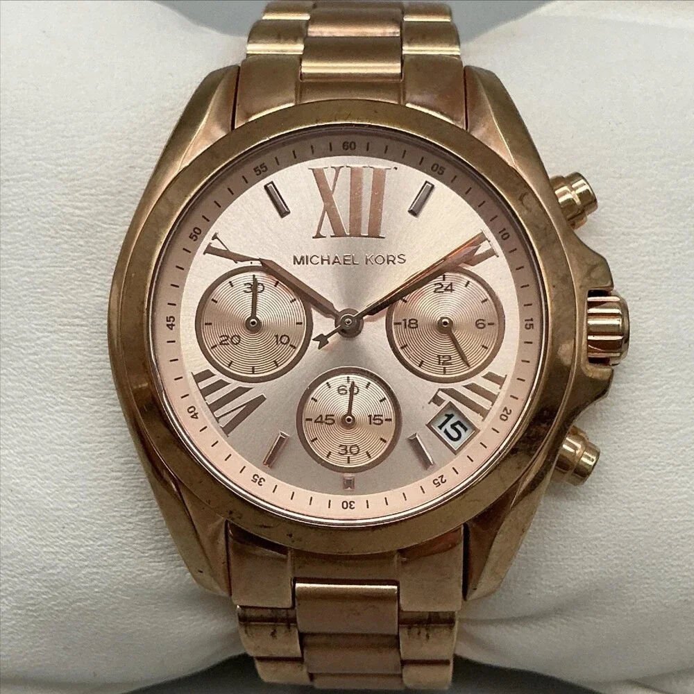 Michael Kors MK-5799 Womens Watch 37mm Rose Gold Tone Chronograph New Battery 6